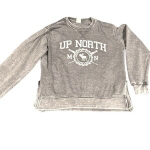 US Vintage Up North MN Boundary Waters Moose Acid Wash Gray Sweatshirt S